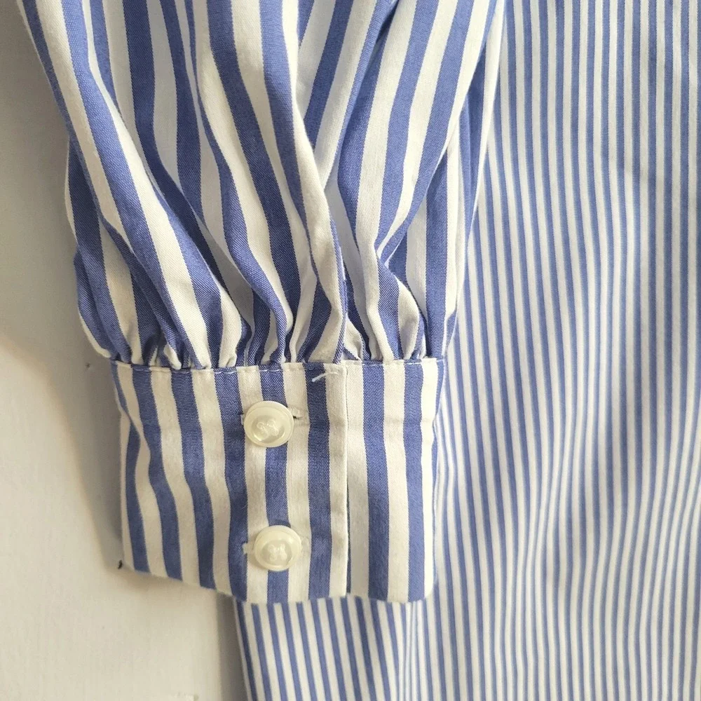 Maggy London Womens‎ Blue White Striped Cold Shoulder Ruffle Shift Dress Size 10